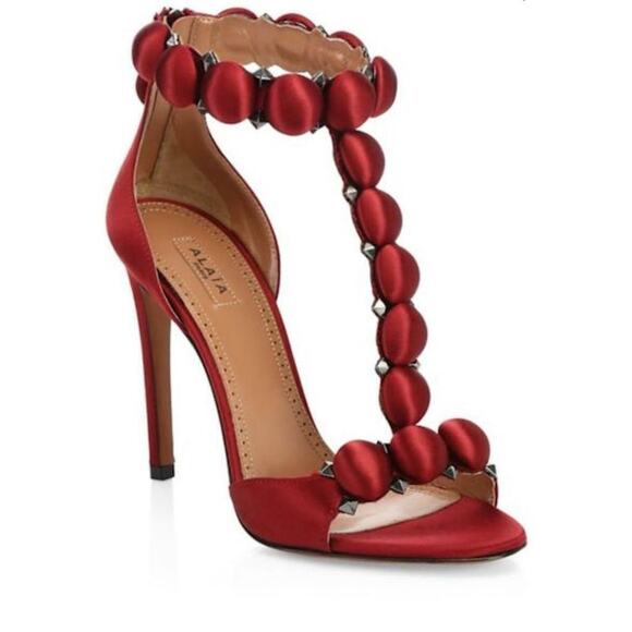 Alaia Bombe 110 Red Rouge Pompei Satin Ankle T Strap Studded Sandal Heel Pump 36 - Picture 2 of 7